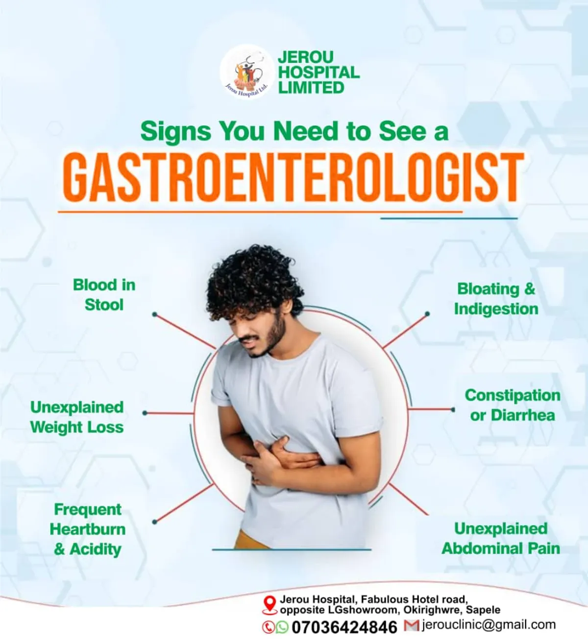 Jerou Flyer showing signs to look out for to show when you need to see a gastroentrologist