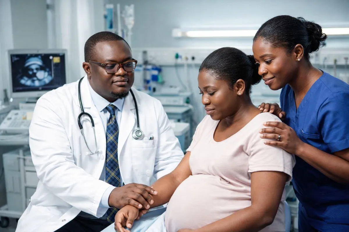 A doctor at Jerou hospital attending to a pregnant patient alongside a nursing staff