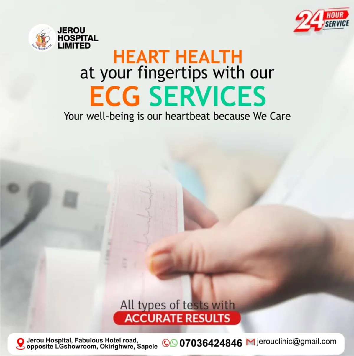 Flyer showing Ecg services offered by Jerou hospital